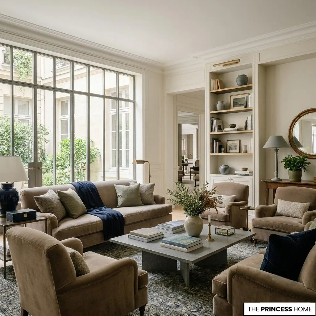 Elegant living room design featuring layered neutral colors with warm ivory, taupe, gray, and rich accent tones.