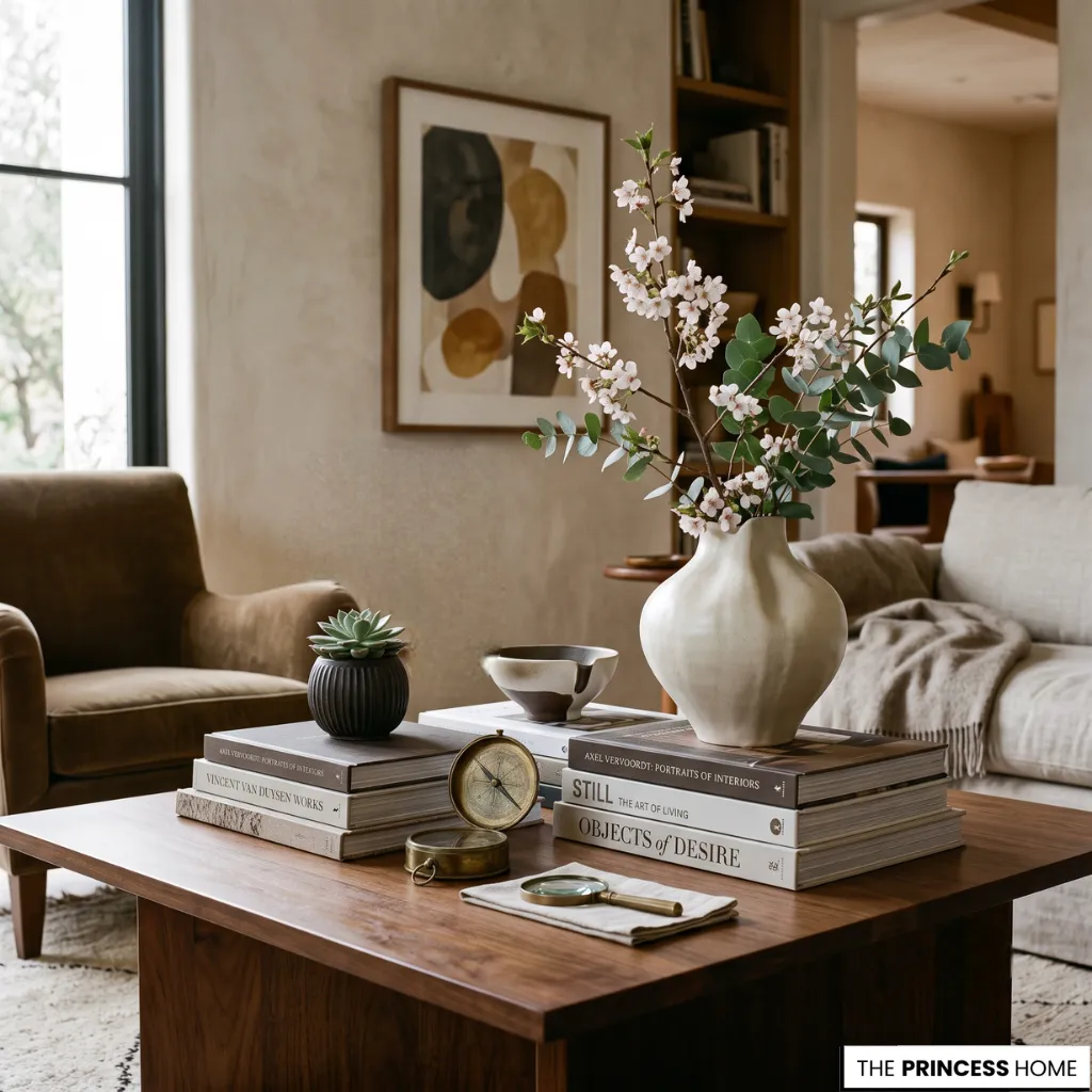 Elegant living room design featuring curated accessories, artwork, books, and timeless decorative styling.