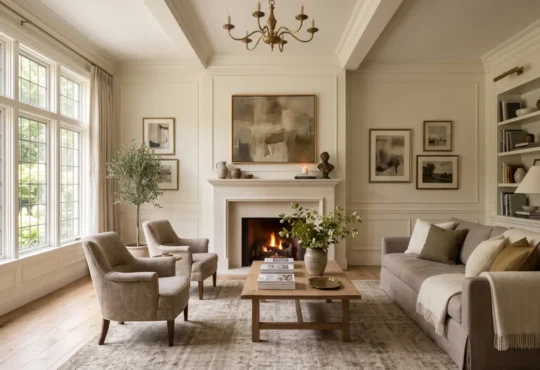Elegant living room design featuring timeless furniture, layered textures, natural materials, and warm daylight in a refined luxury interior.