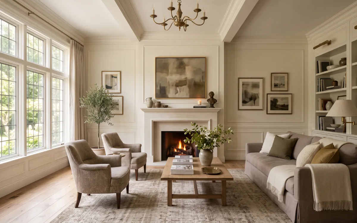 Elegant living room design featuring timeless furniture, layered textures, natural materials, and warm daylight in a refined luxury interior.