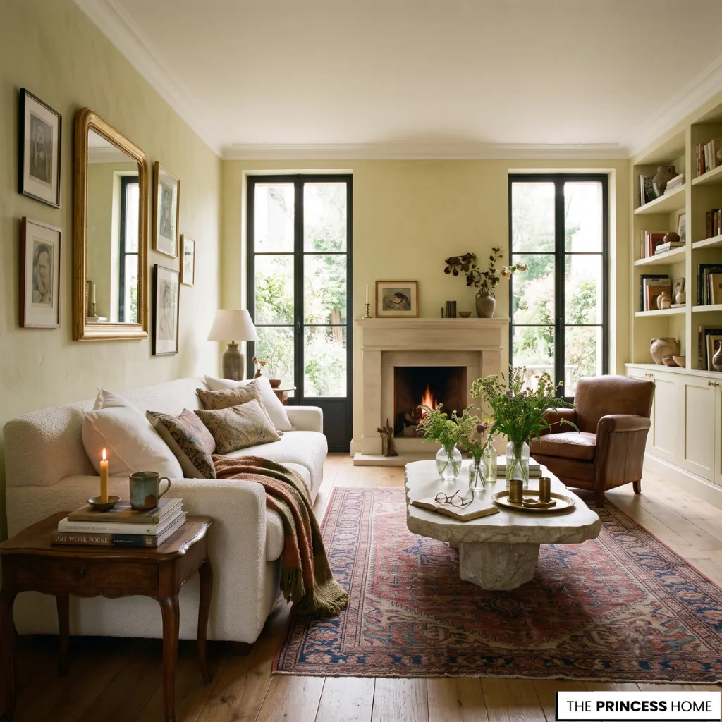 Elegant living room design showing balanced furniture layout centered around a classic architectural focal point.