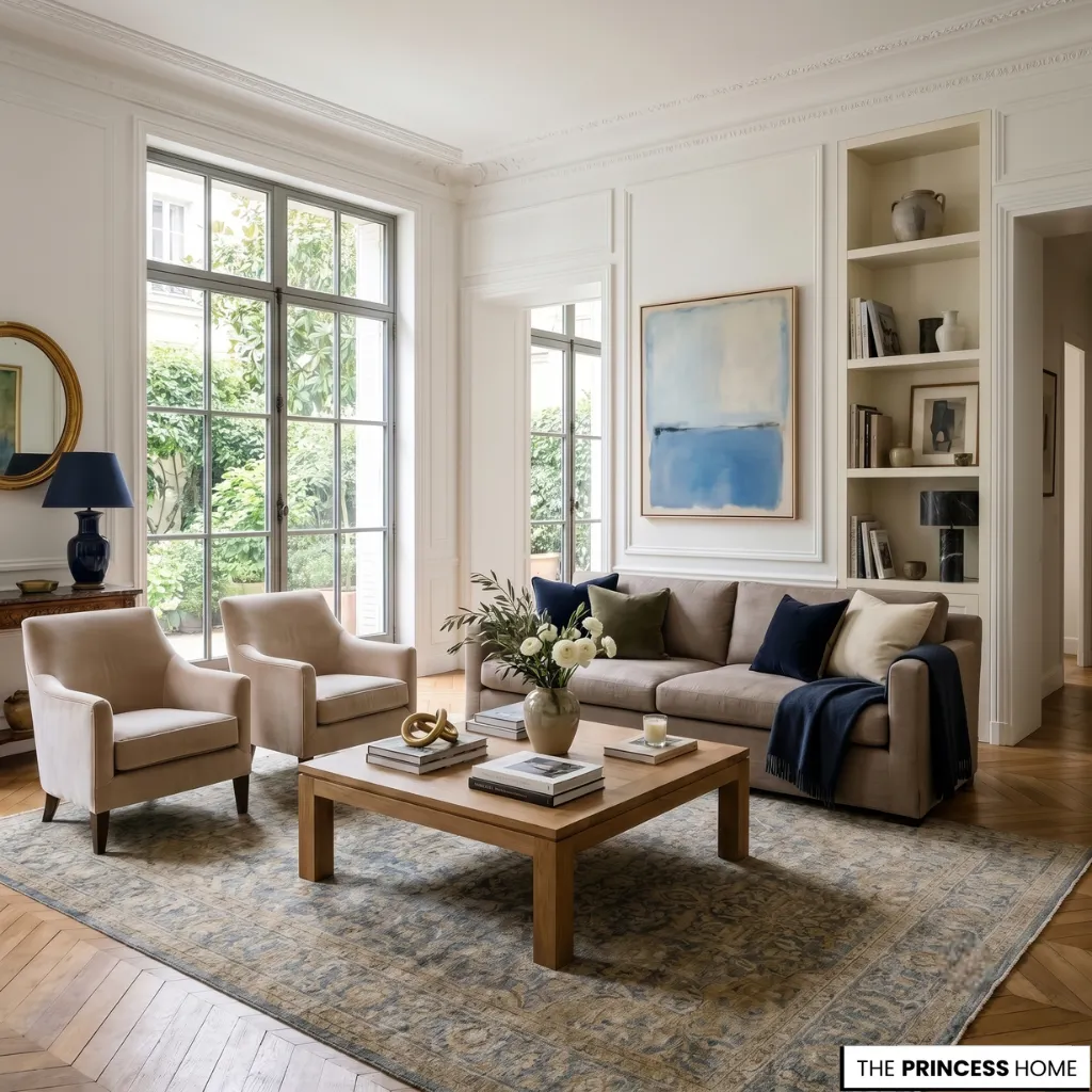 Elegant living room design with balanced furniture proportions and comfortable conversational seating.
