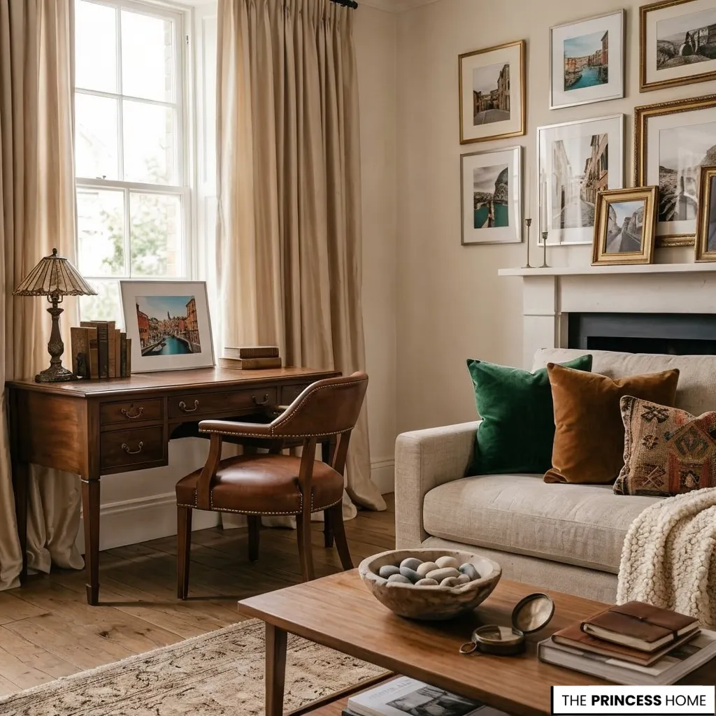 Elegant living room design featuring a linen sofa, warm wood coffee table, classic writing desk, leather chair, gallery wall, and soft natural daylight creating a timeless, refined atmosphere.
