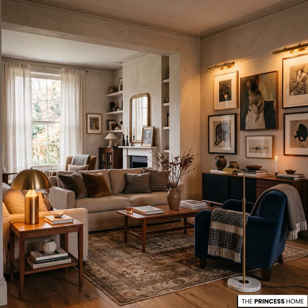 Elegant living room design featuring layered lighting with natural daylight and warm accent illumination.