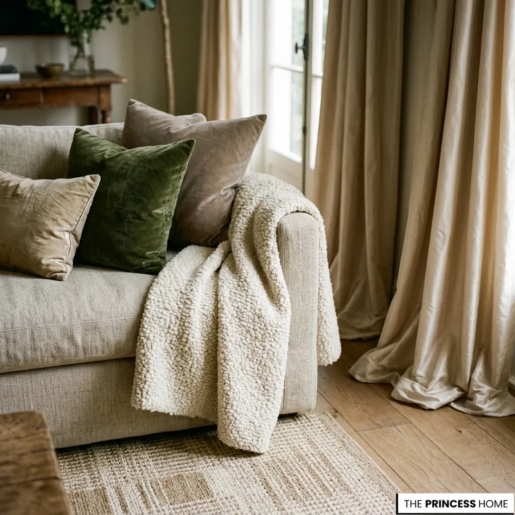 Elegant living room design displaying layered luxury fabrics including linen, velvet, wool, and silk.