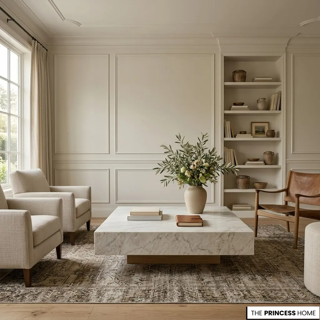 Elegant living room design showcasing natural stone, hardwood, linen, leather, and architectural wall detailing.