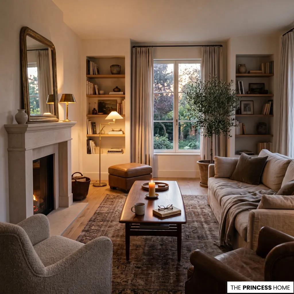 Elegant living room design expressing quiet luxury through timeless materials, warm lighting, and comfortable everyday living.