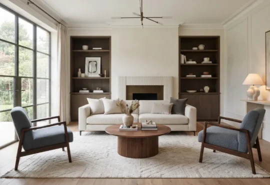 Elegant living room with a balanced seating arrangement, coordinated rug, natural wood furniture, and soft daylight.