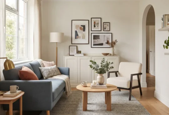Elegant small living room with a well-proportioned sofa, coordinated seating, a connecting area rug, and layered lighting.