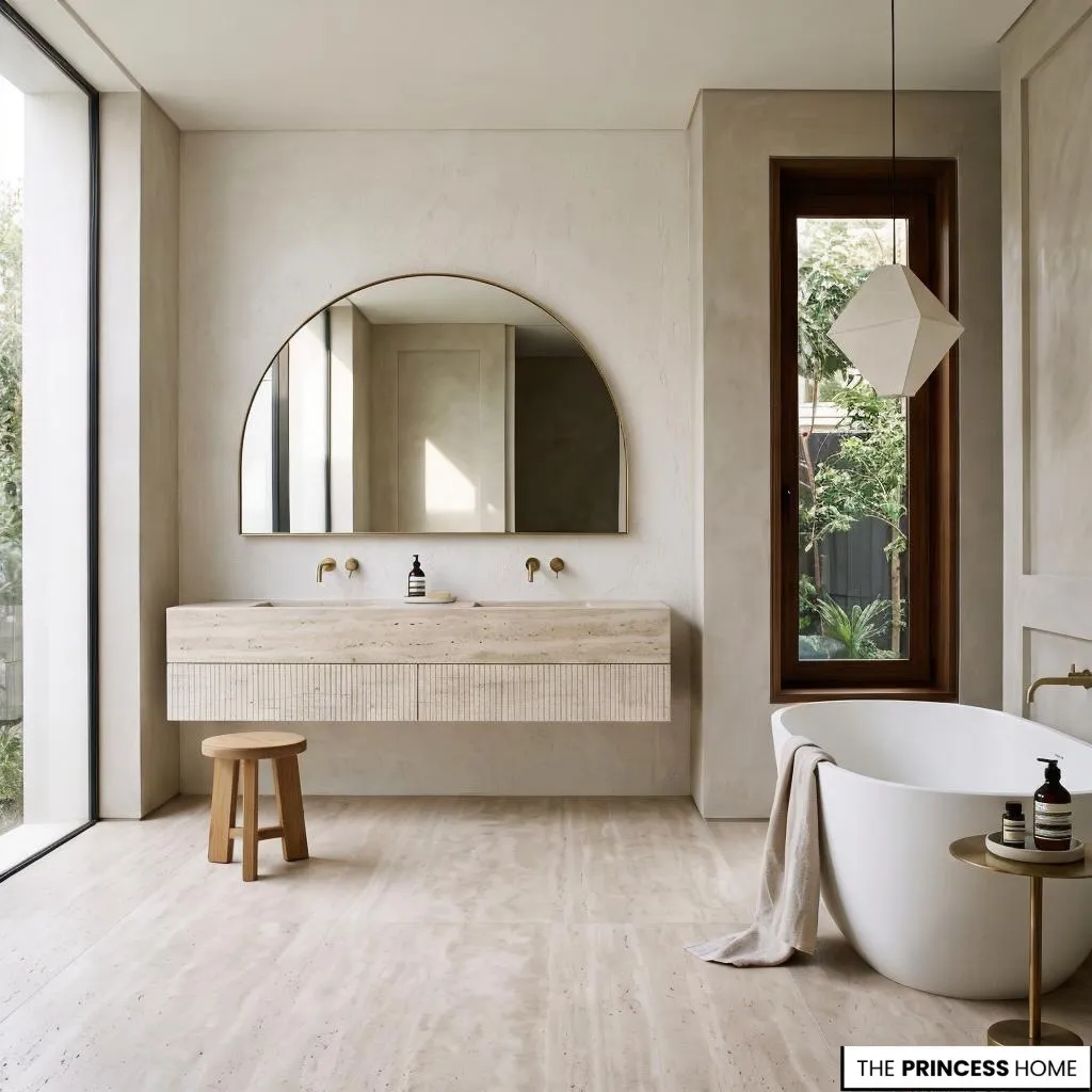 Floating travertine double bathroom vanity with freestanding bathtub, arched mirror, and warm neutral finishes.