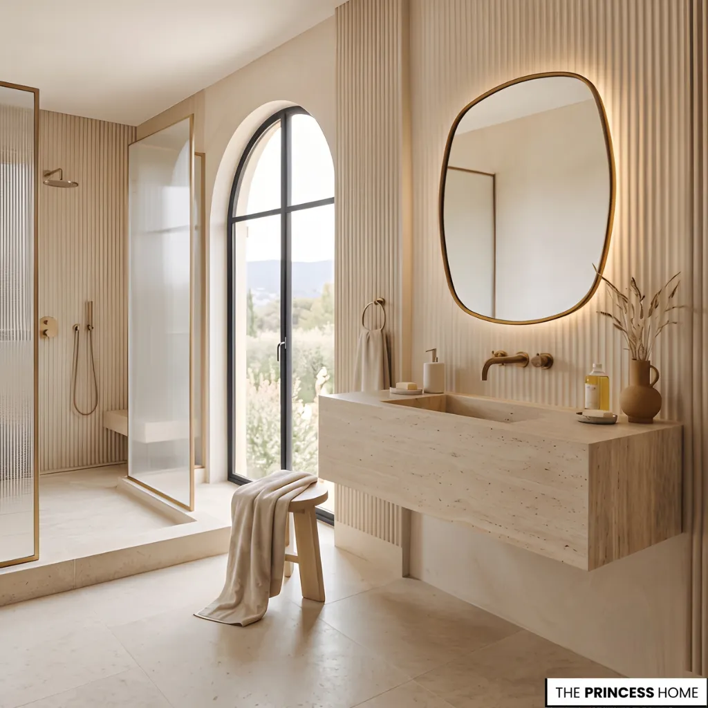 A warm cream-toned 2027 bathroom featuring extensive fluted travertine stone walls