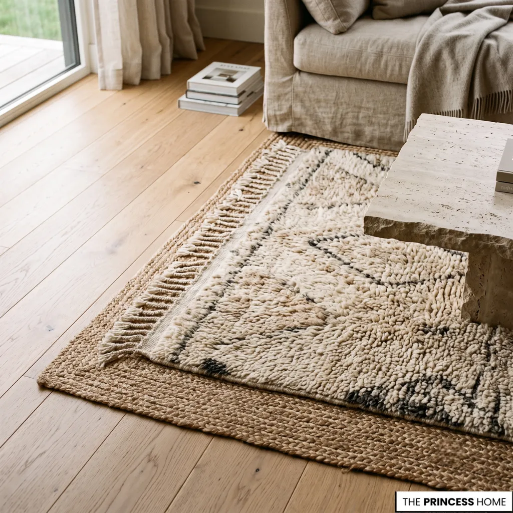 Layered boho rugs on light hardwood floors next to a stone coffee table and linen couch.