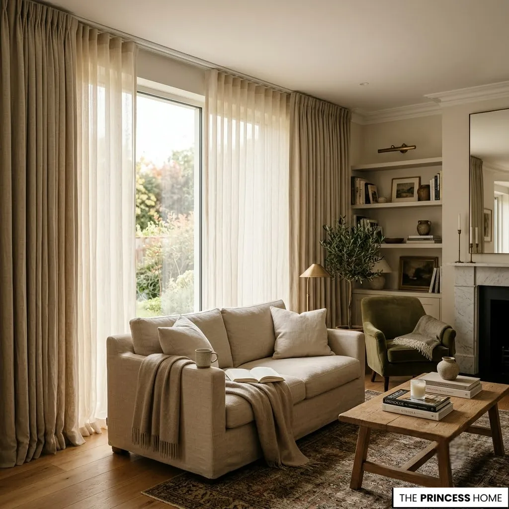 Layered living room curtains combining sheer panels with linen drapery for depth and softness.