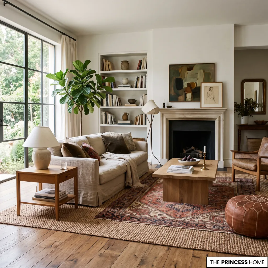 Layered living room rugs creating warmth, texture, and visual depth.