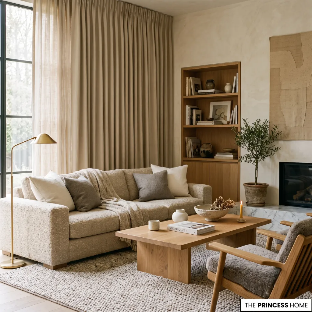 Neutral living room curtains in ivory and warm gray coordinating with elegant interior finishes.