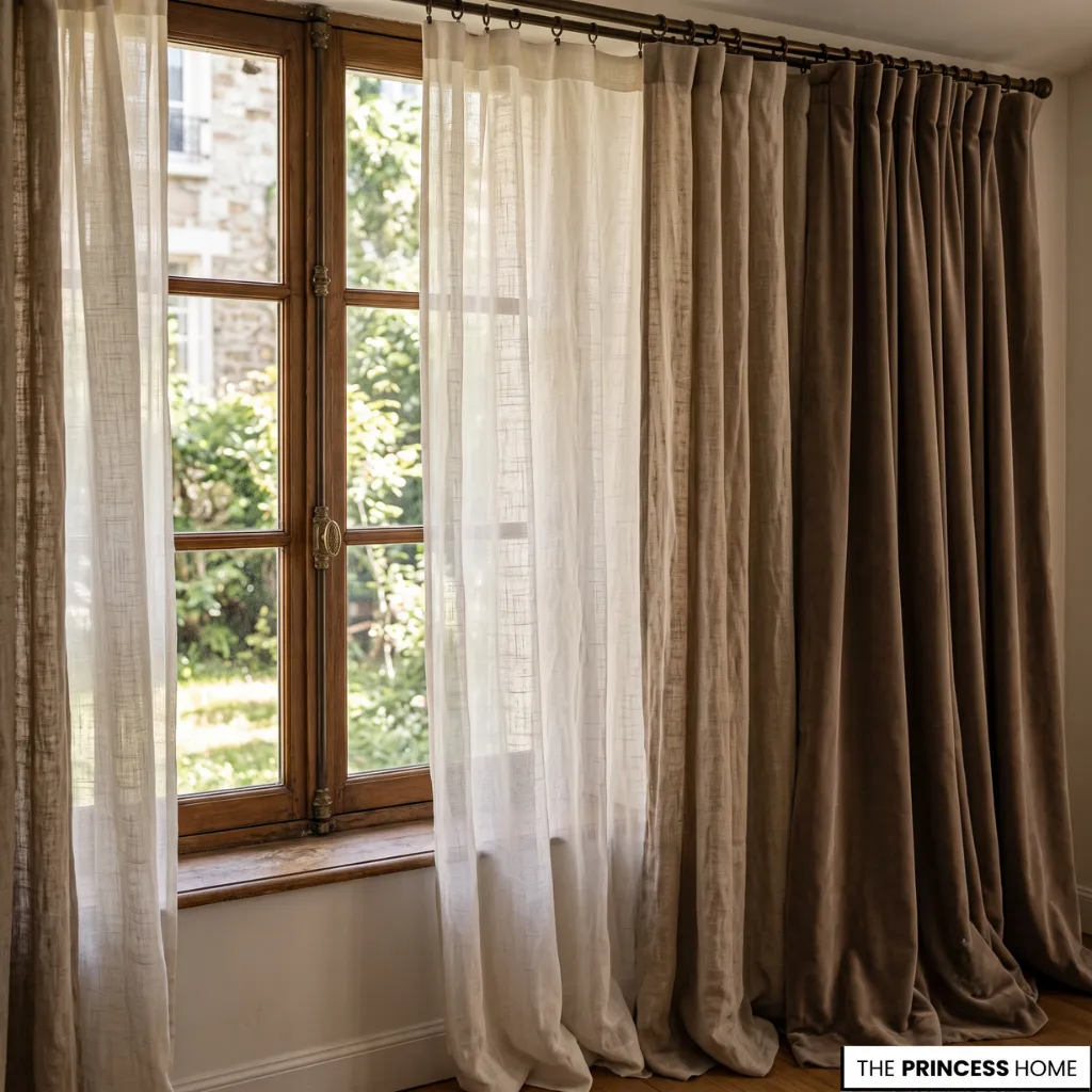 Living room curtains featuring linen, sheer, and velvet fabrics in natural daylight.