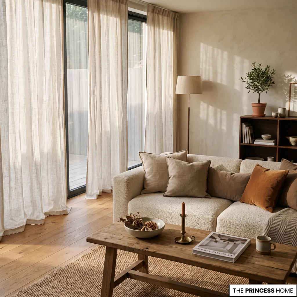 Morning sunlight highlighting the texture of living room curtains in a warm neutral interior.