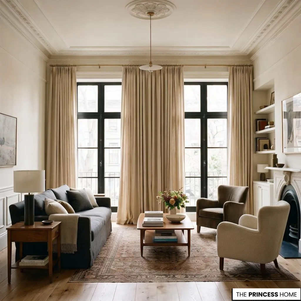 Living room curtains installed high and wide to create elegant architectural proportions.