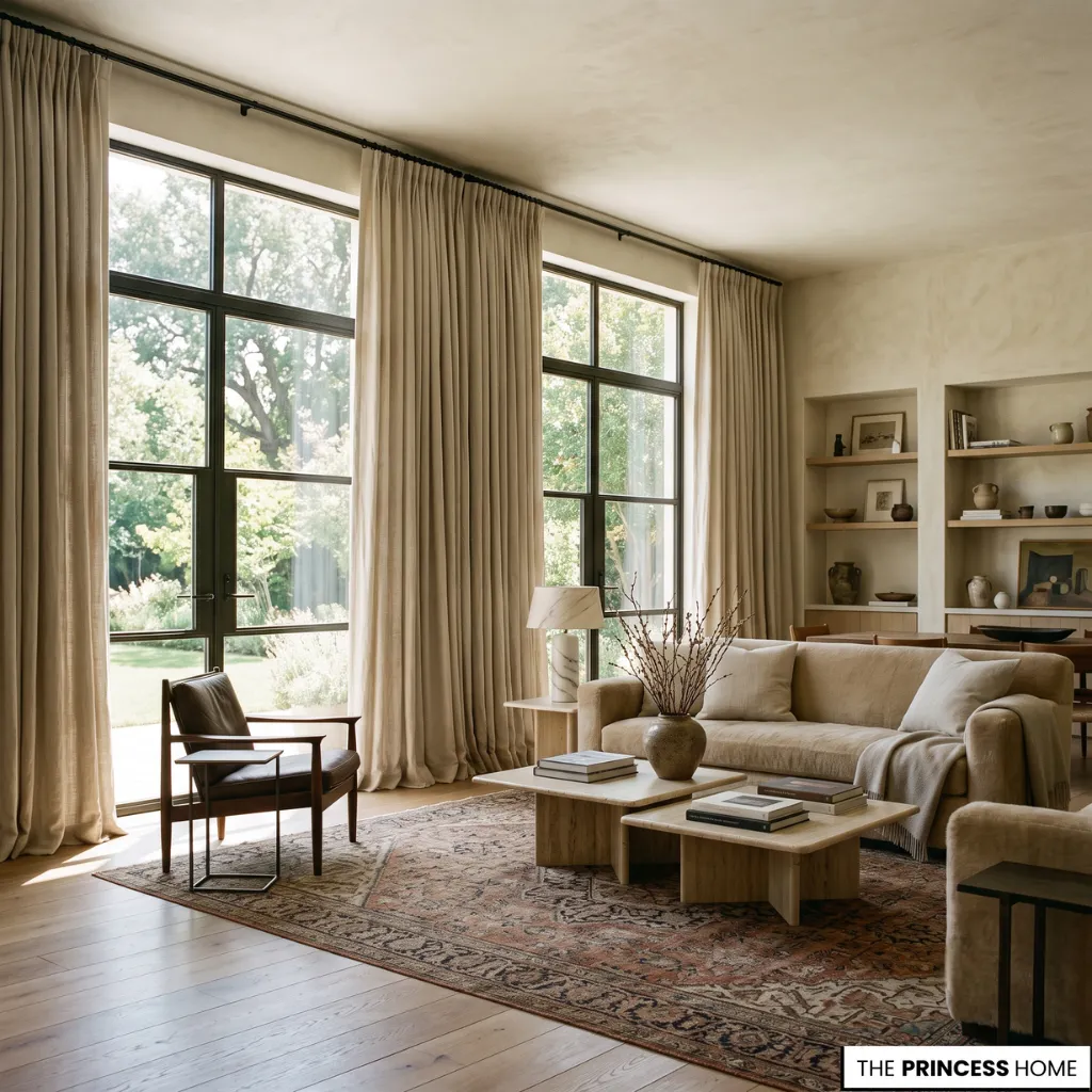 Properly sized living room curtains creating balanced window proportions and elegant fullness.