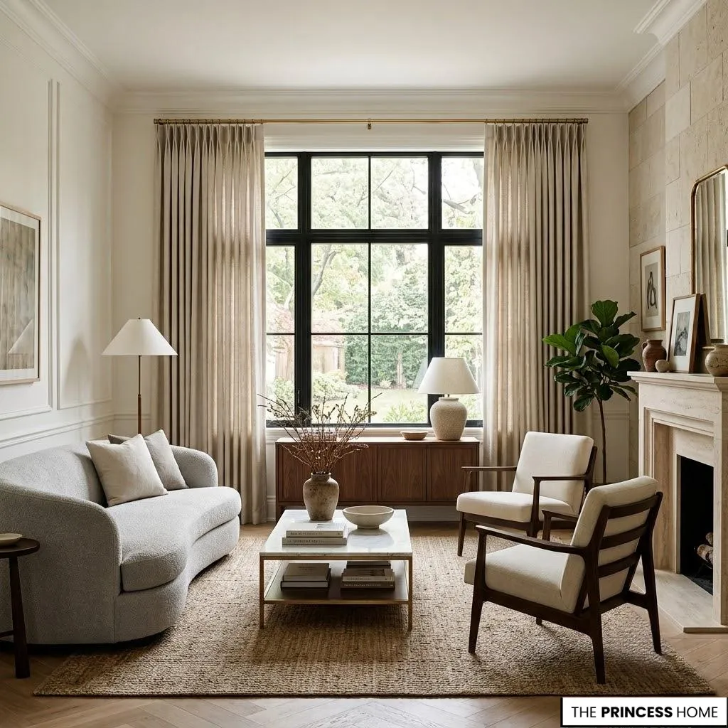 Timeless living room curtains with tailored pleats in a refined contemporary interior.