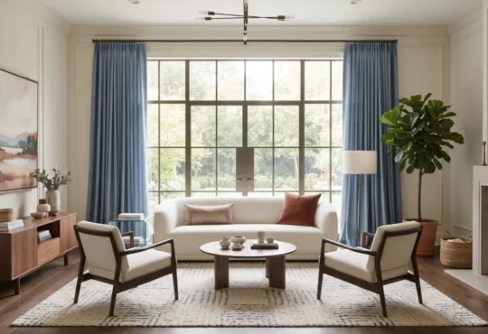 Contemporary living room with full-length curtains framing large windows and coordinating with the furniture.