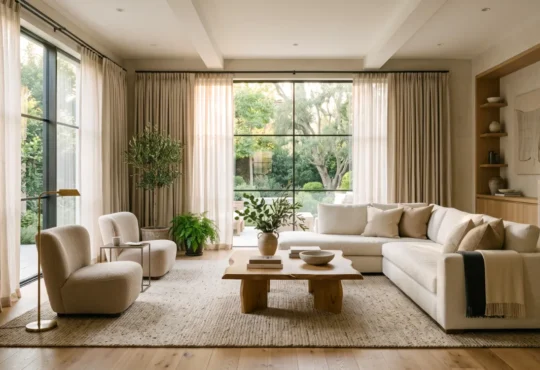 Elegant living room curtains framing large windows in a timeless neutral interior filled with warm natural daylight.