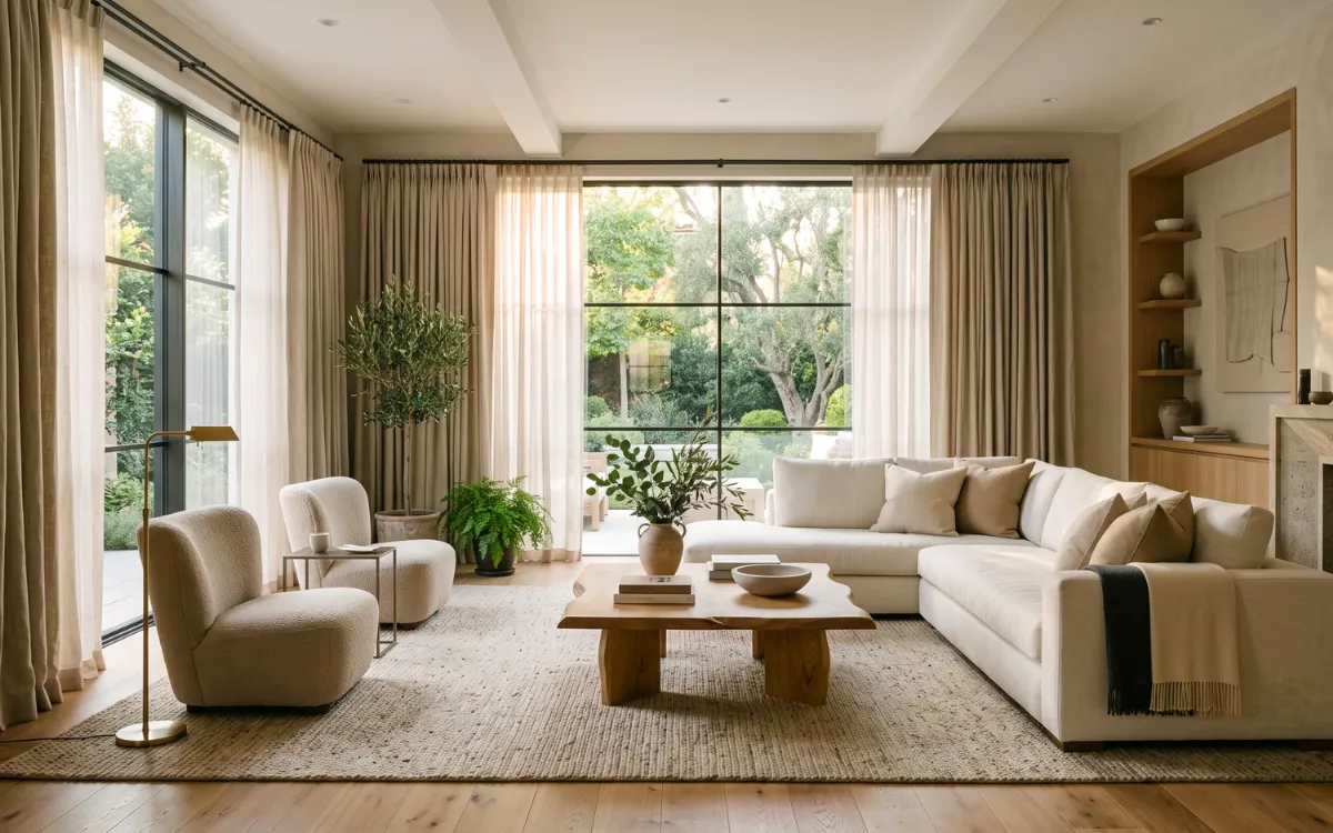 Elegant living room curtains framing large windows in a timeless neutral interior filled with warm natural daylight.