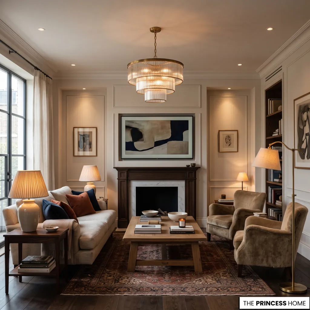 Balanced living room lighting with properly scaled fixtures, layered lamps, and warm illumination.