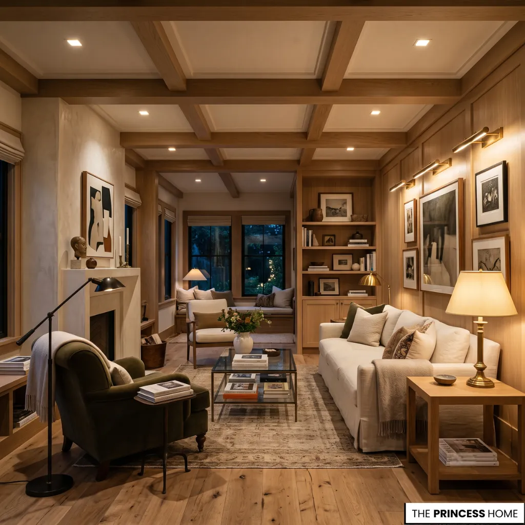 Layered living room lighting showing ambient, task, and accent lighting working together in a refined interior.