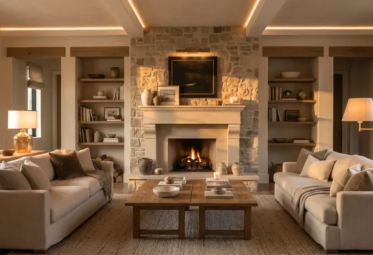 A sophisticated living room lighting design featuring layered ambient, task, and accent lighting in a warm contemporary interior.