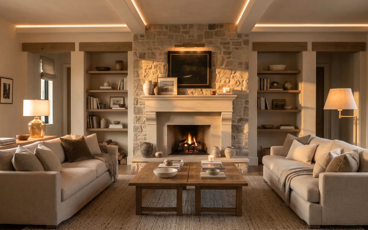 A sophisticated living room lighting design featuring layered ambient, task, and accent lighting in a warm contemporary interior.