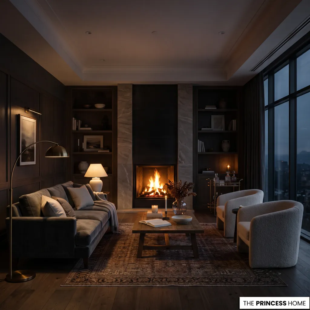 A living room lighting scheme using brighter focal areas and softer surrounding lighting for visual hierarchy.