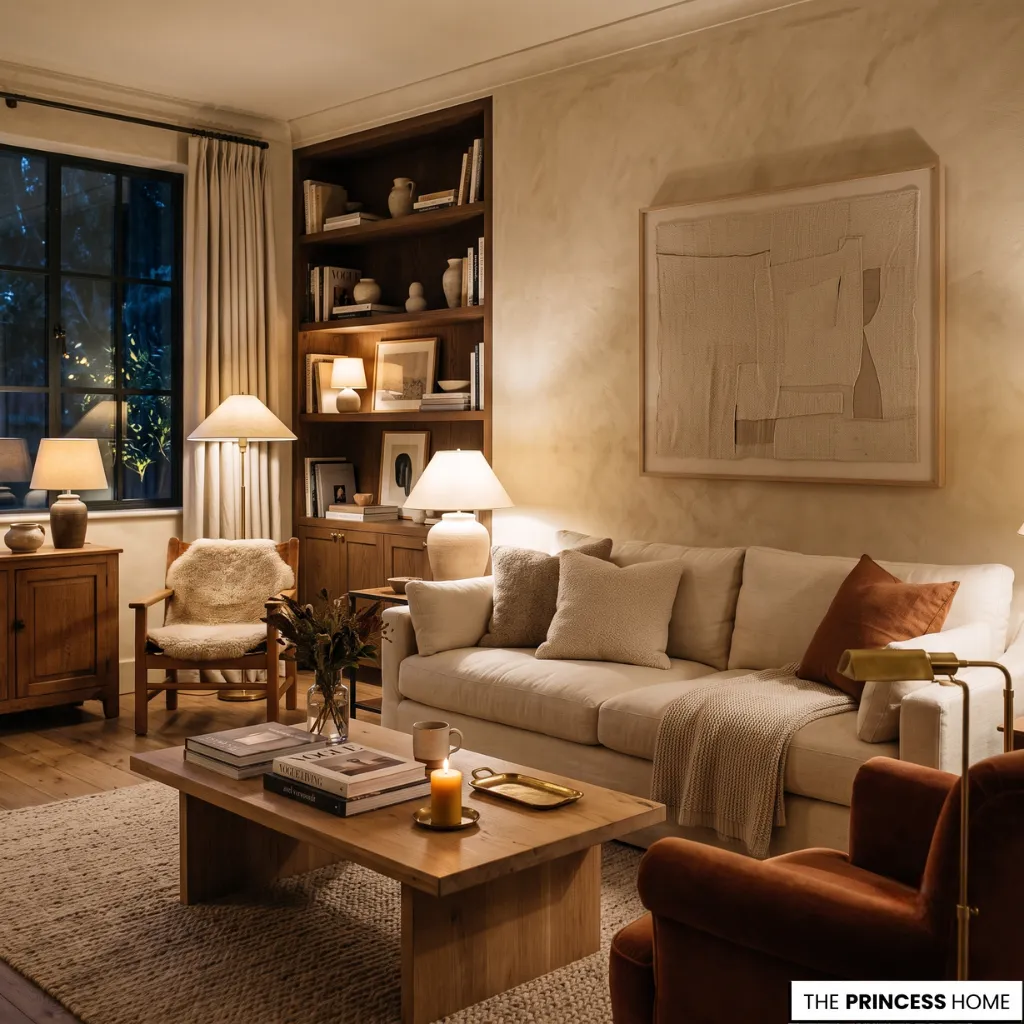 Warm living room lighting with rich natural wood, linen fabrics, and soft evening illumination.