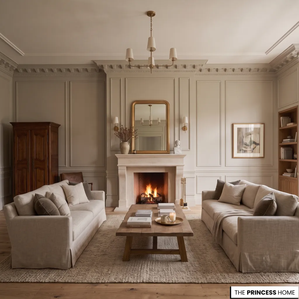Living room featuring Living Room Paint Colors that highlight crown molding and architectural detailing.