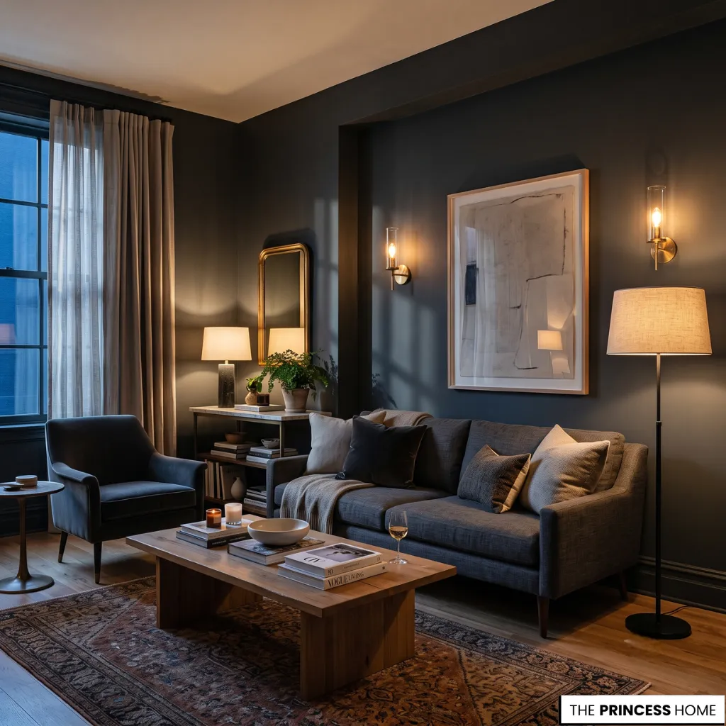 Layered lighting enhancing Living Room Paint Colors in a sophisticated living room.