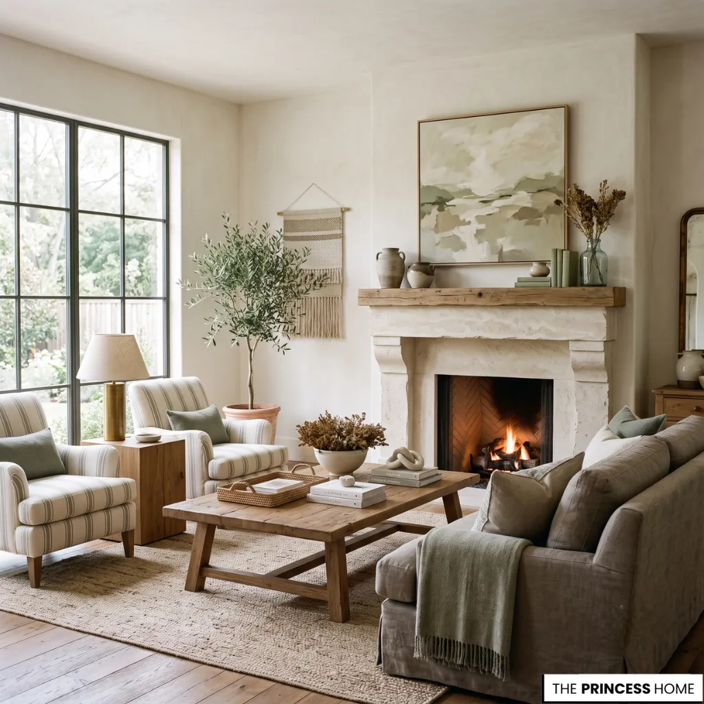 Timeless Living Room Paint Colors featuring warm neutral shades and layered natural materials.