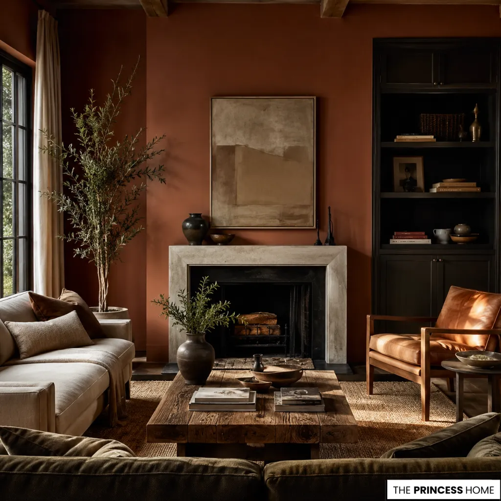 Front-view living room featuring timeless Living Room Paint Colors with warm terracotta walls, natural wood, stone fireplace, and layered neutral furnishings.