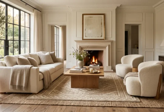Living room rug anchoring a beautifully balanced seating area with natural textures and warm daylight.