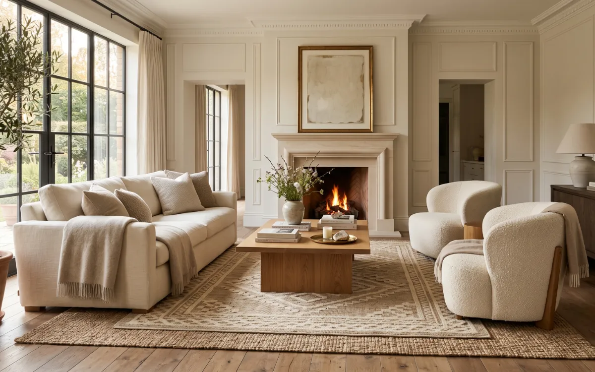 Living room rug anchoring a beautifully balanced seating area with natural textures and warm daylight.