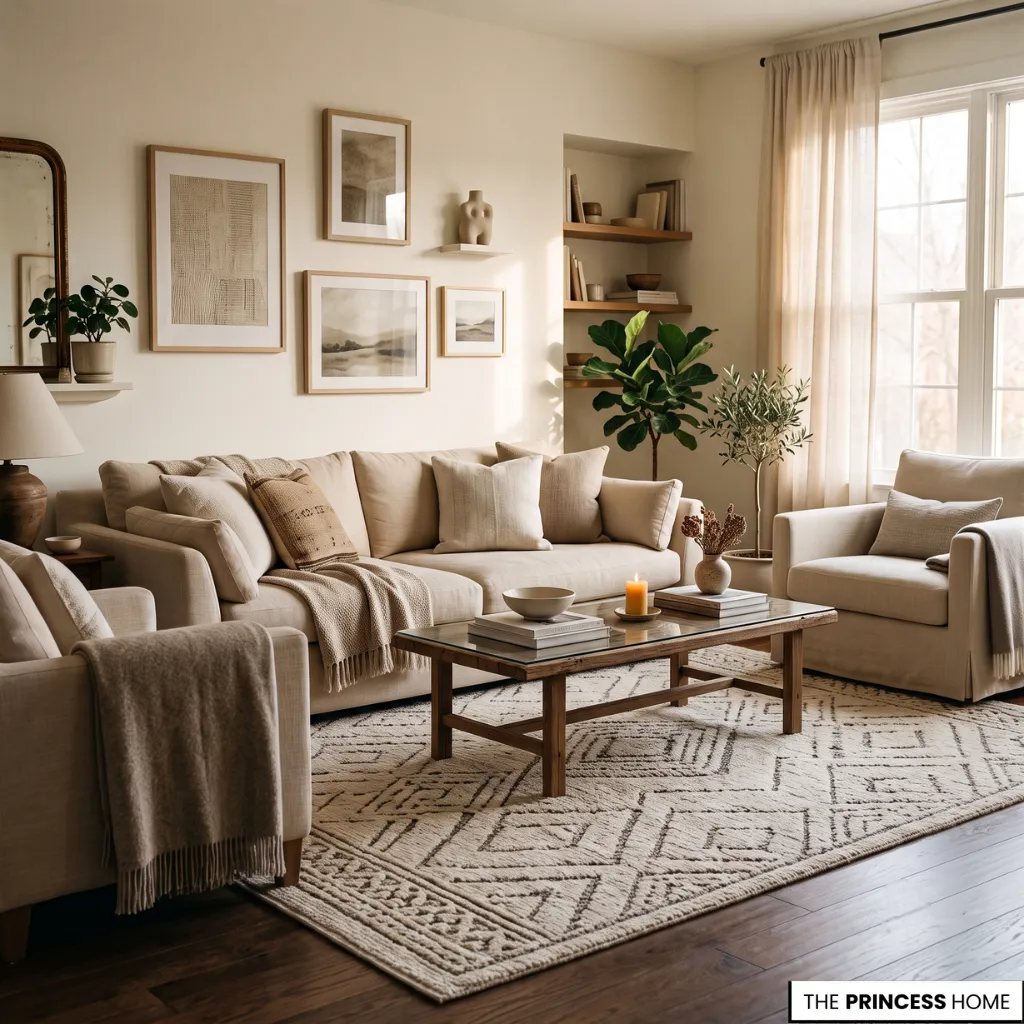 Patterned living room rug coordinating with neutral furniture and warm natural light.