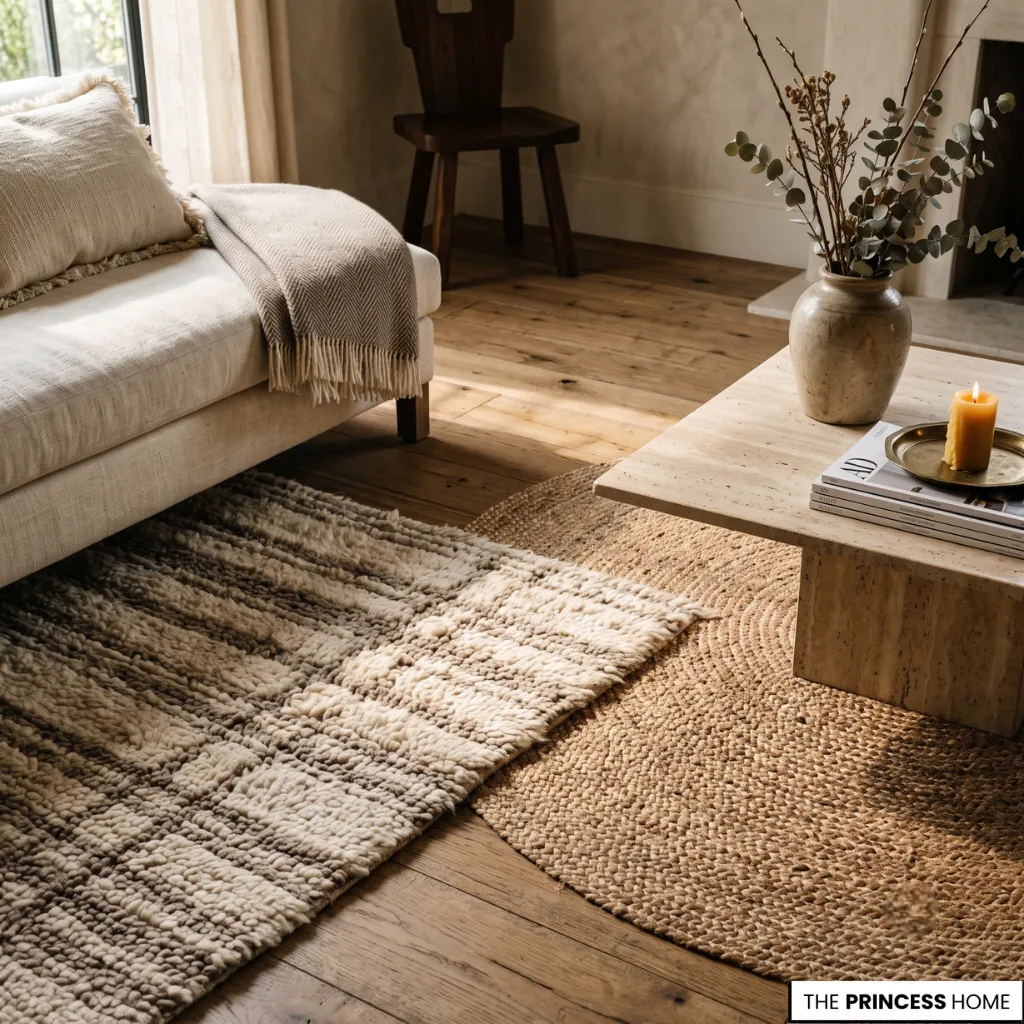 Close-up of natural living room rug materials including wool and jute textures.