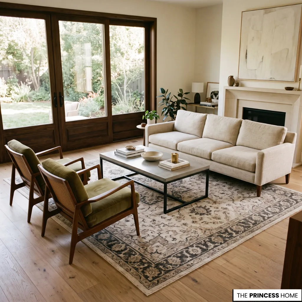 Living room rug defining the seating arrangement with balanced furniture placement.