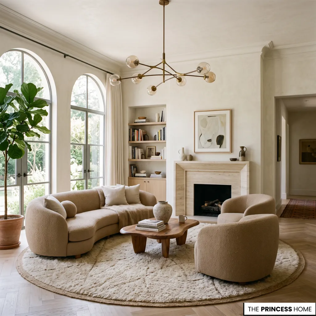 Round living room rug creating flow within a contemporary seating arrangement.
