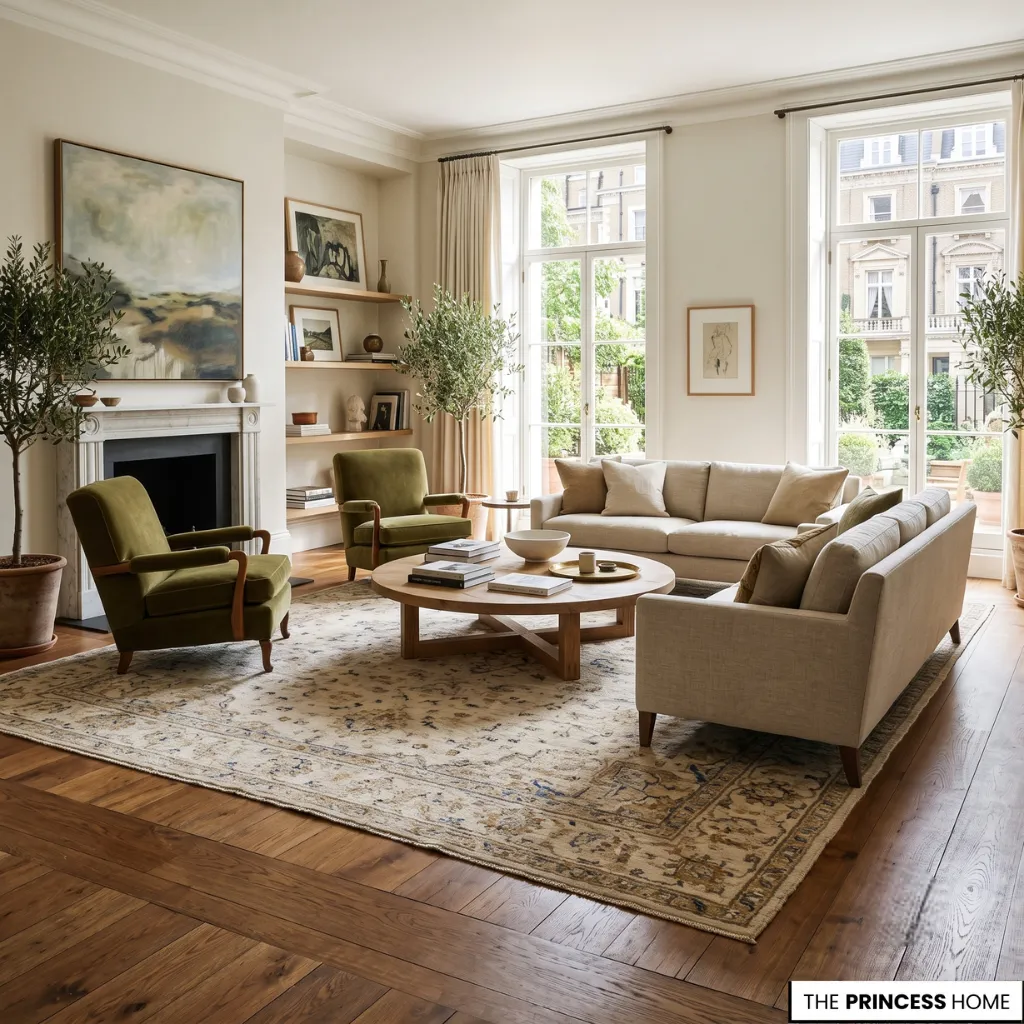 Properly sized living room rug creating balanced proportions in a modern interior.