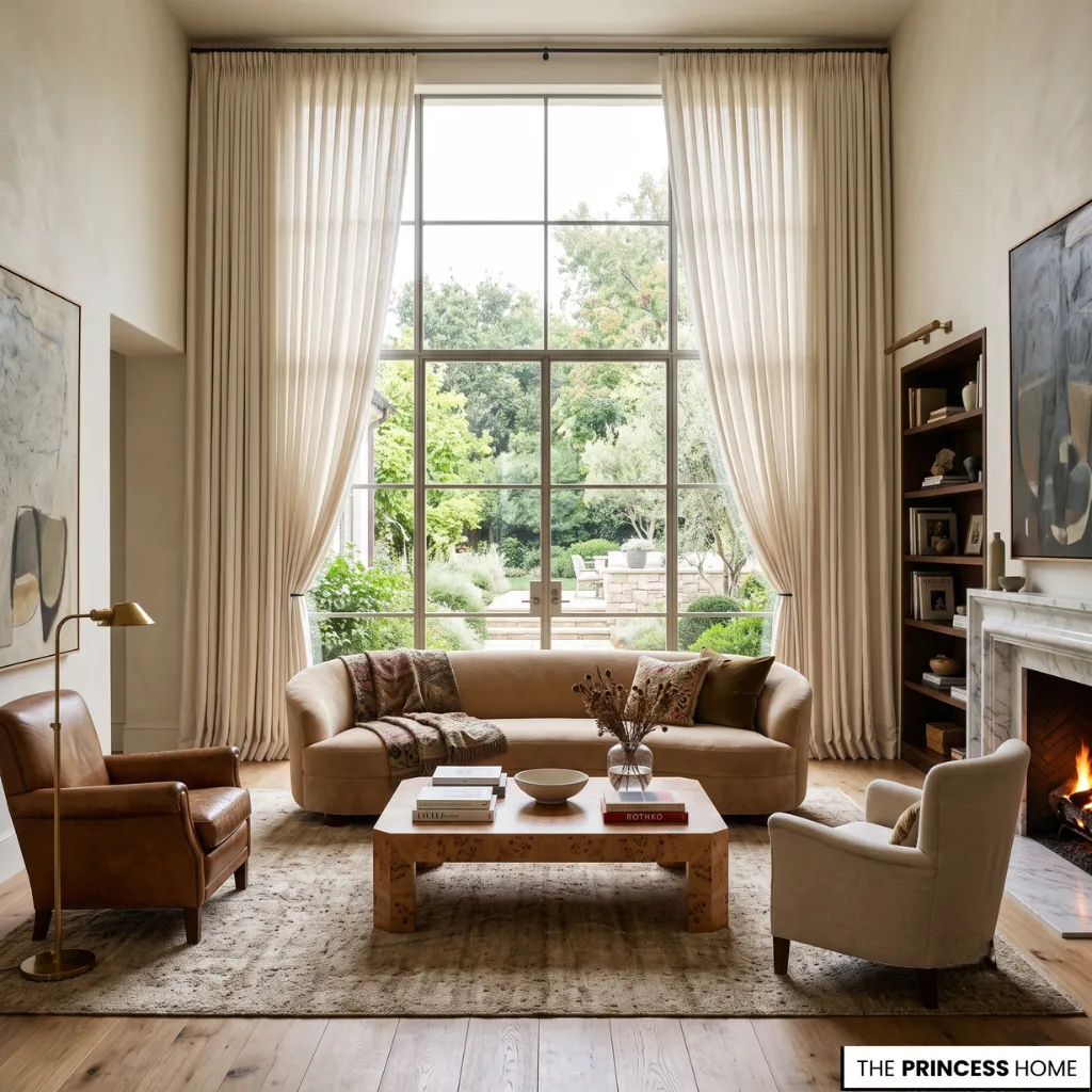 A luxurious living room with elegant, floor-to-ceiling curtains that frame expansive windows