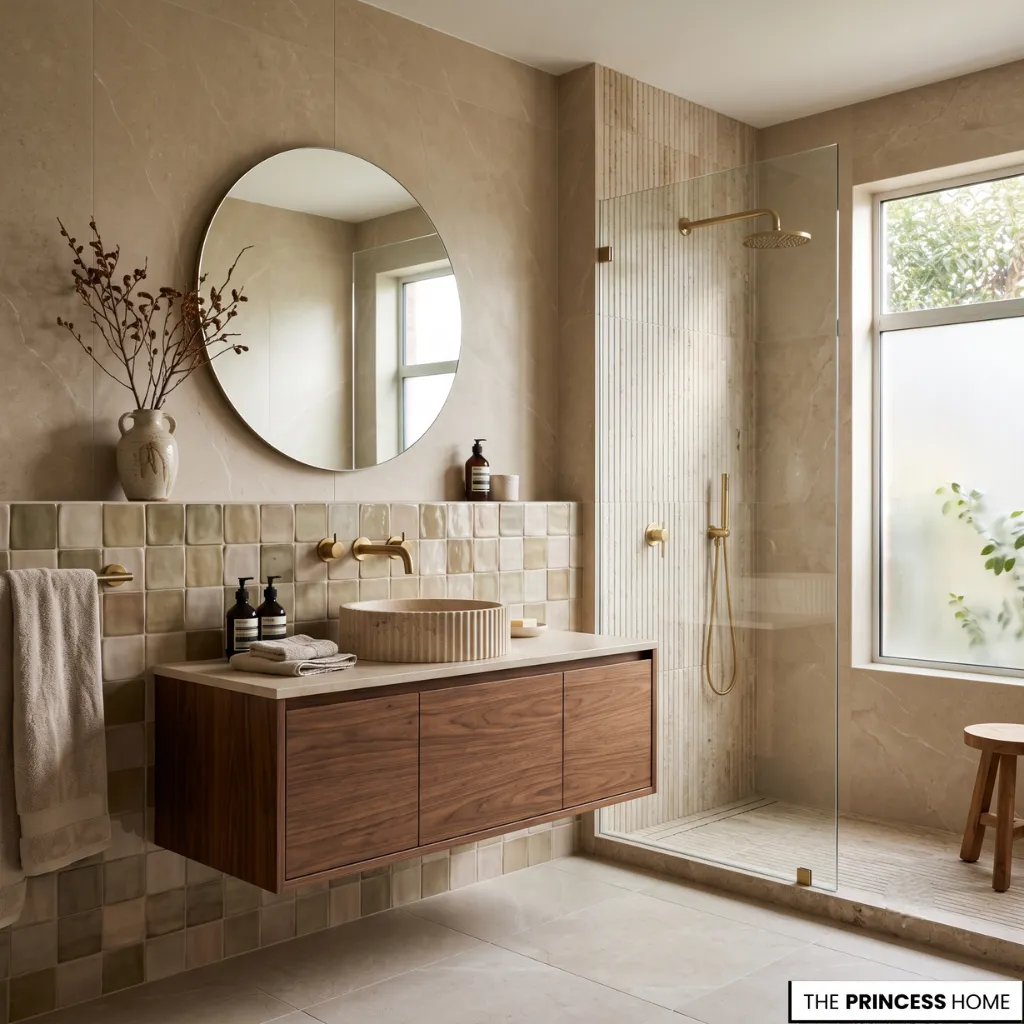 A photorealistic, luxury editorial photograph for Architectural Digest showcasing a modern bathroom.