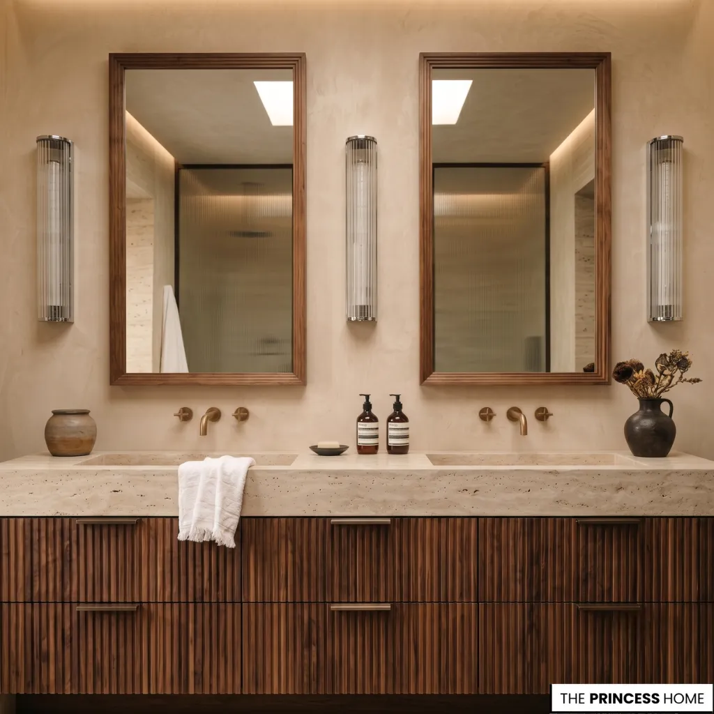 Luxury fluted wood double bathroom vanity with travertine countertop, bronze fixtures, and framed mirrors.