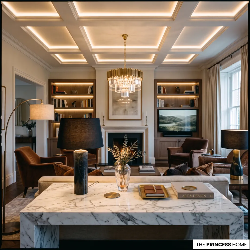 Luxury living room with a lit coffered ceiling, crystal chandelier, marble console table, brown armchairs, and built-in shelves.