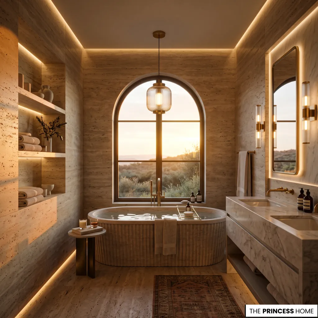 Bathroom trend featuring layered lighting, natural stone textures, and warm spa-inspired ambiance.