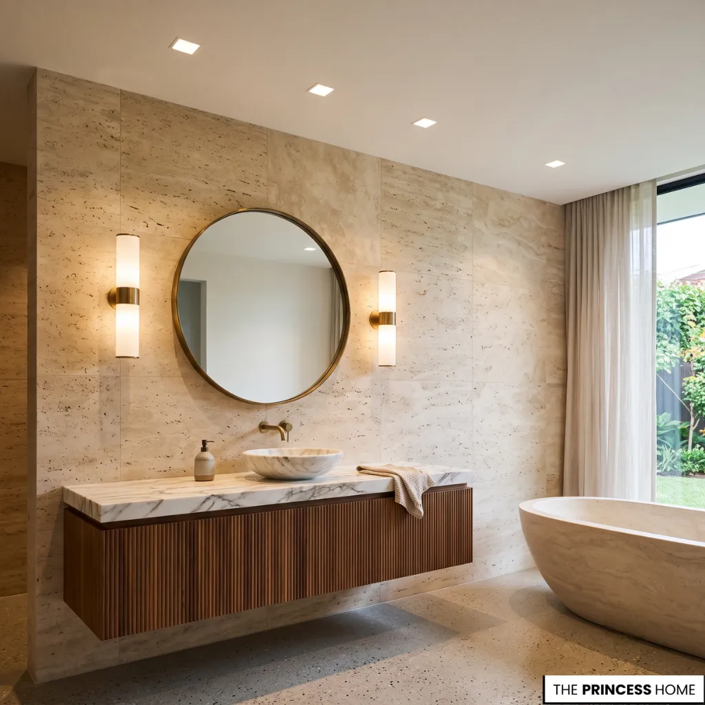 Quiet luxury bathroom design featuring travertine tiled feature wall, floating fluted wood vanity with marble top